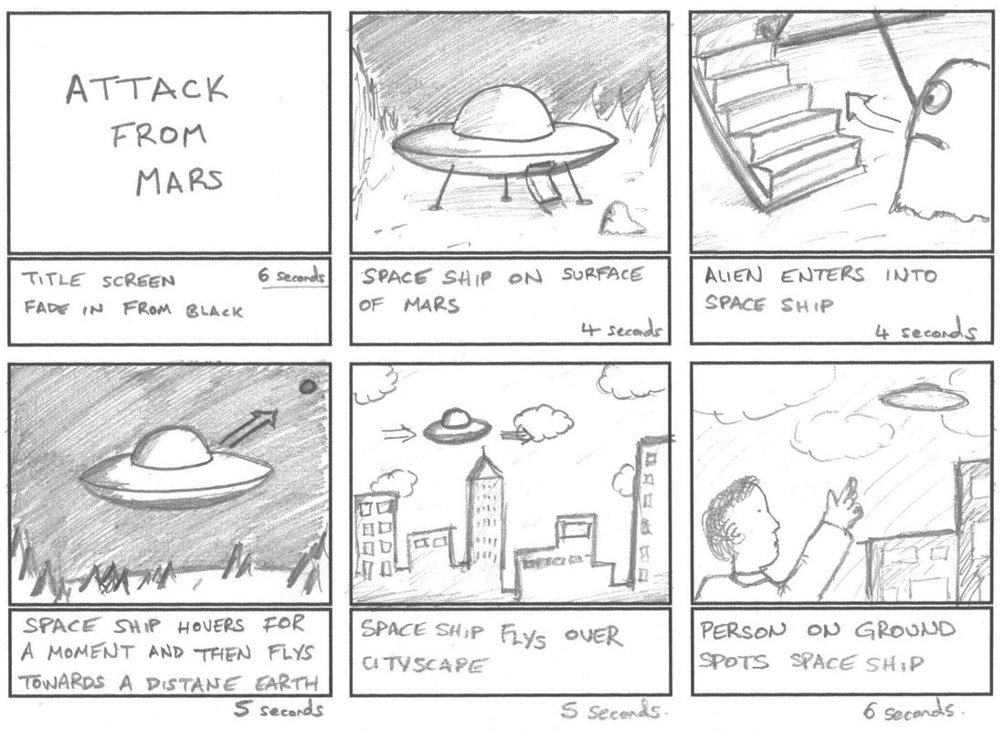 Exemplar storyboard depicting a short story about visiting aliens.